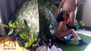 Sex in camp. a stranger fucks a nudist lady in her pussy in a camping in nature. 4